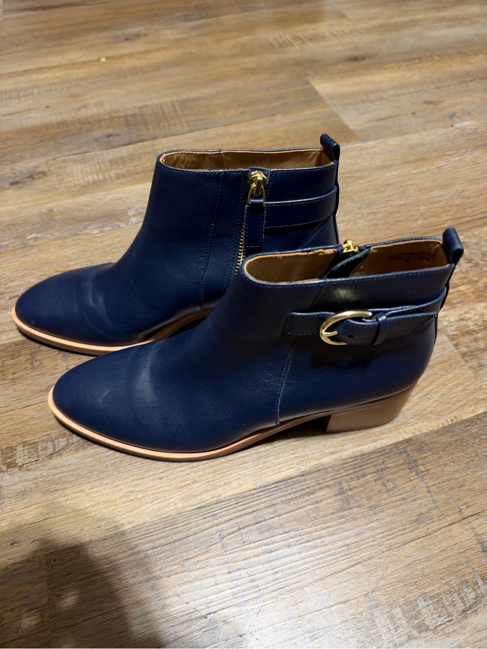 Talbots Navy Leather Ankle Boots with Gold Buckle